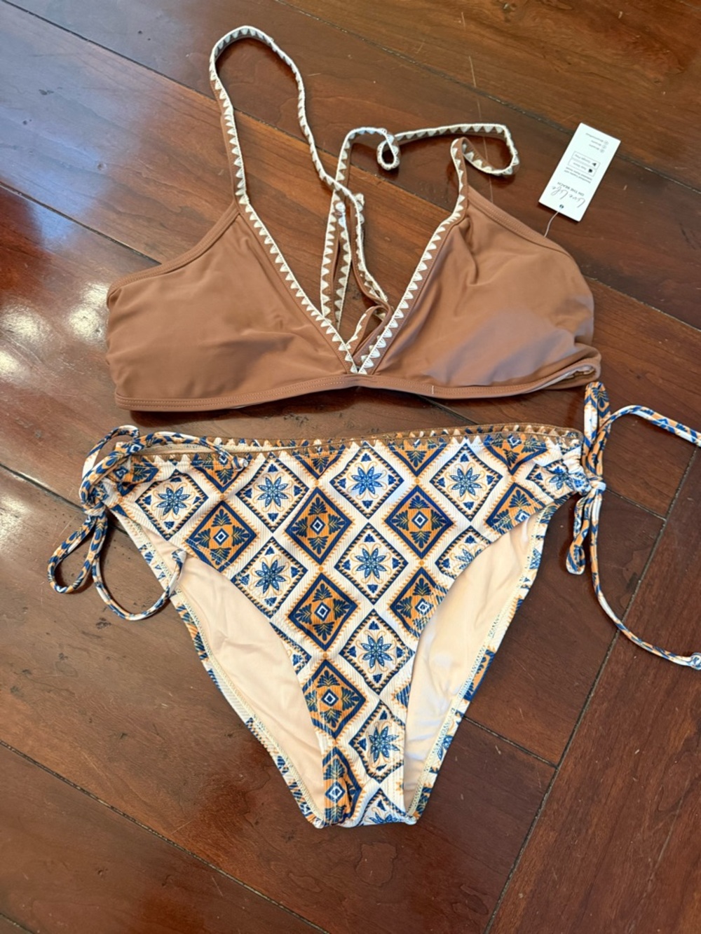 CUPSHE  Bikini Set — Brown Top & Patterned Blue/tan Bottom
